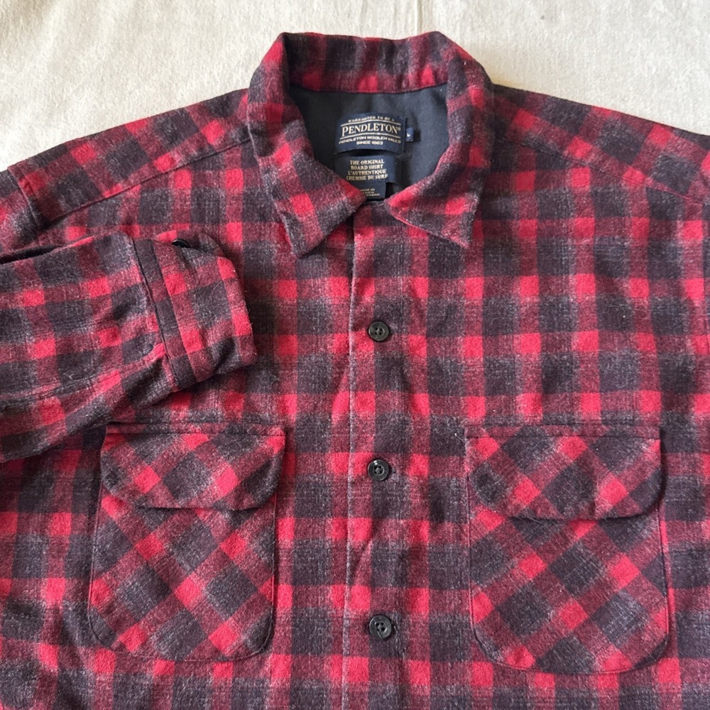 Vintage Pendleton Board Shirt Mens Large Red Black Plaid 100% Virgin Wool Shirt